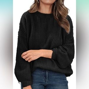 Women's Sweater Casual Ribbed Knit Pullover Sweaters Blouse Top | Black